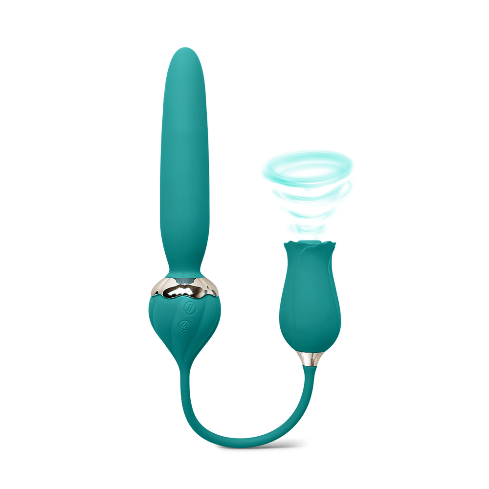 10-Speed Green Color Silicone Rose Vibrator with Thrusting Vibrator