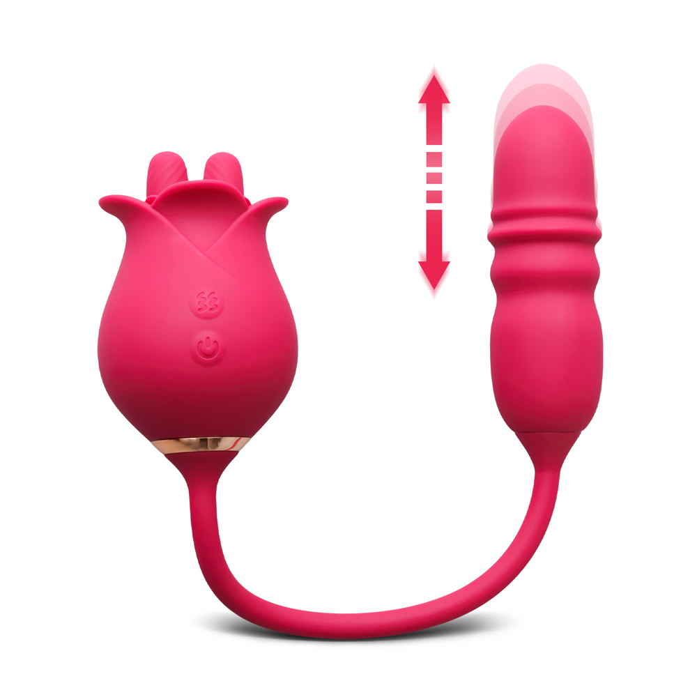 Red Color Silicone Clitoral Rose Stimulator with Thrusting Vibrator